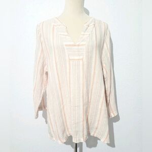 Jones New York Linen Tunic Top SZ XL Striped V-Neck 3/4 Sleeve Lightweight Peach